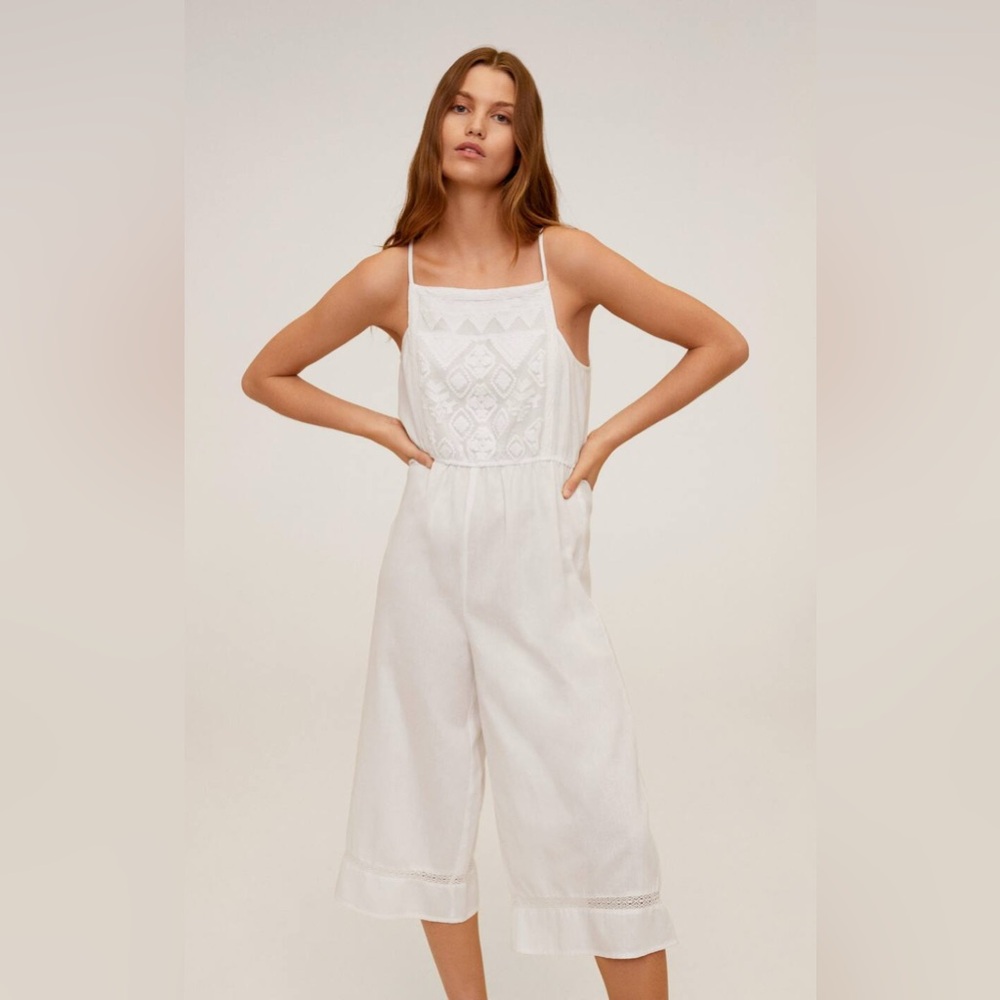 Mango - Embroidered Culotte Jumpsuit in White - Size Small